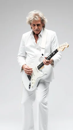 Bob Dylan in his 70th old , all dressed in white holding a white guitar white background all white picture including his hair