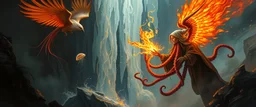 fire smoke and fog and light rays, phoenix jellyfish octopus bird witch in icy waterfall looks beyond really powerful slapping a bird in the face with fire, fantasy illustration, in the style of Rembrandt