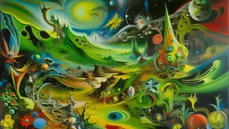 in a roberto matta style the changing of seasons in an alien planet similar to earth with the words "le stagioni"