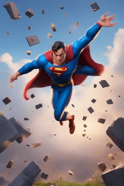 Create a picture of supermanfalling from the skye to a pit animated like fortnite