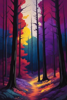 forest in dark red and purple and yellow trees and dark green and dark blue colors only, thin lines draw style , Busch painting style nightmare with sunshine in the middle