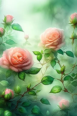 magic Watercolor, double Chinese rose bush, ultra-detailed, morning, rain, greenery, beautiful landscape, fog, many details, delicate sensuality, realistic, high quality, 3d, work of art, hyperdetalization, filigree, foggy haze background, hyperrealism, professional, transparent, delicate pastel tones, back lighting, contrast, fantastic, unreal, translucent, glowing, clear lines, epic fabulous, fabulous landscape, hyperrealism