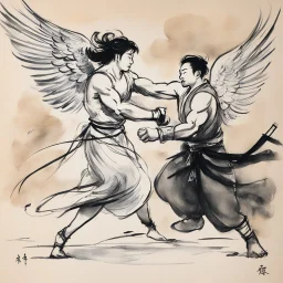 [traditional Chinese brush, expressive line, ink washes] Jacob wrestling with angel