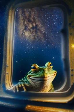 smiley frog with background star field seen in the window of a boat, 4 k, trending art, depth of field, high detail, high contrast