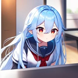 Clear focus, High resolution, long fluffy light blue hair, hair between eyes, long locks, wearing a sailor uniform, wearing a sailor skirt, long black socks, 1girl, cartoon, cute, UNFOTABLE studio, red tie