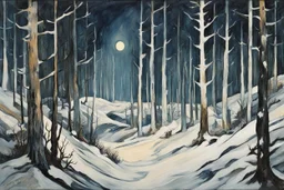 Painting of a snow draped haunted coastal cedar forest , pierced by shafts of pale moonlight , in the Expressionist style of Egon Schiele, Oskar Kokoschka, and Franz Marc, in muted natural colors