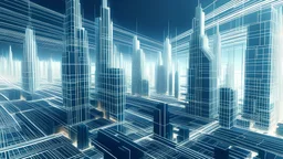 Visualize a futuristic cityscape where buildings are constructed with lines of code, showcasing the dynamic nature of MERN Stack development