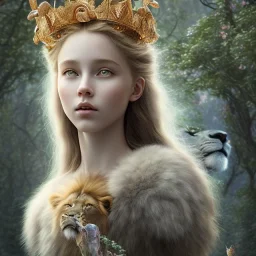 Young beautiful girl wearing floral crown with a stunning lion on nature forest path, Chronicles of Narnia, 8k resolution, high-quality, fine-detail, iridescent, intricate, digital art, detailed matte, volumetric lighting, beautiful, illustration, 3D octane render, brian froud, howard lyon, selina french, anna dittmann, annie stokes, lisa parker, greg rutowski,