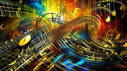 music is language, language is music, notation, treble clef symbol, musicians performing, instruments, sound waves, beautiful detailed colour photograph