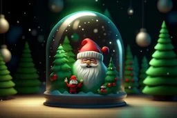 a beautiful fluffy pixar art style, happy santa and Christmas tree in a glass ball with Christmas decor