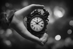 Small clock hands go backwards, dark night, a secret hidden in the heart of darkness, deep mysteries and mysteries, lost and complicated girl, black and white, high quality photo, 4k