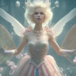 a pink castle, a cheerful fairy in front, big smile, pink, blonde hair, beautiful, whole face, whole top hair head, wide open blue eyes, transparent wings onn the back, hyperrealism, masterpiece, expert, cinematic lighting, sharp focus, 8K, pastel, macro lens, woman, detailed, flower