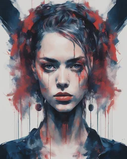 A portrait of a Singer Danish MØ face, cyberpunk, symmetry, hyperdetailed, painting by Yoji Shinkawa, darkblue and darkred tones,