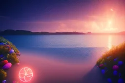 stars, polinesian beach, shore ,shoreline, beautiful, path, night time ,trail, lights glowing ,colorful ,nightsky, water, peace, magical, sanddollar, ocean, hyperrealistic, cinematic lighting, particles, unreal engine, full of details,smooth, bright sunshine，soft neon light atmosphere,crystal irridescent light effect，light blue colour, photos realistique, vaporwave colorful, smooth, extremely sharp detail, finely tuned detail, ultra high definition, 8 k, unreal engine 5, ultra sharp focus