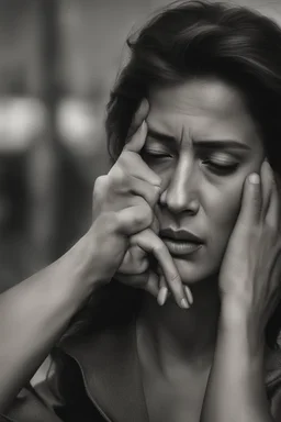 A close-up image of a woman wiping away a tear with a determined expression, realistic, photorealistic, hyperrealism, full-body