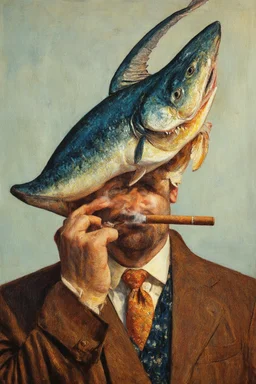 man with catfish shark head smoking a cigarrette in the style of klimt