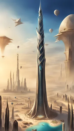 fantasy concept art, very Dubai tower, insanely high, higher than everything else