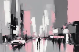 White, pink, and grey Abstract painting, city, people, impressionism painting