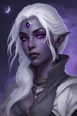 Dungeons and Dragons portrait of the face of a drow rogue wearing peasants clothes. She has purple eyes, pale armor, white hair, and is surrounded by moonlight. Has a playful demeanor, looks to be in her early twenties. She is not wearing any facial jewelry.