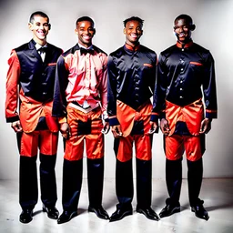 3 black waiters with red and black uniforms in hall