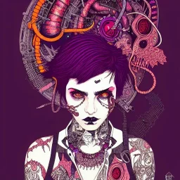 beautiful punk girl, hyper detailed, hyperdetailed, intricately detailed, illustration by <asaf hanuka>, purple tones, darkred tones,