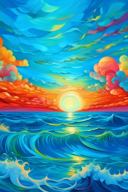 The sea and sky transforming, vibrant with colors and symbols representing love and kindness.