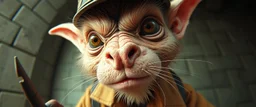 airbrush and pen outline, french art , extreme close up on cheeky fluffy weasel hairy goblin military prison guard news anchor elf family scumbag in the style of Escher and Giger and Fallout 4, pinhole cam, airbrush 3d rendering