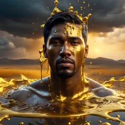A hyper-realistic photo, beautiful face man ,natural body disintegrating into gold dripping ink and slime::1 ink dropping in water, molten lava, 4 hyperrealism, intricate and ultra-realistic details, cinematic dramatic light, cinematic film,Otherworldly dramatic stormy sky and empty desert in the background 64K, hyperrealistic, vivid colors, , 4K ultra detail, , real , Realistic Elements, Captured In Infinite Ultra-High-Definition Image Quality And Rendering, Hyperrealism