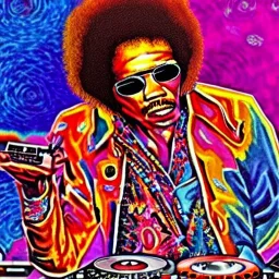 a realistic picture of Jimi Hendrix at a turntable with headphones on being a DJ, vivid color, with sunglasses, psychedelic trippy art