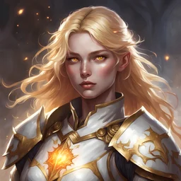 dungeons and dragons female aasimar, pale skin with glowing freckles, golden hair, gold eyes, paladin blessed by bahamut