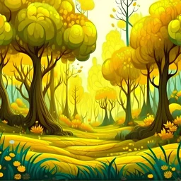 Soft cozy Fantasy cartoon forest with yellow grass