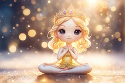 cute chibi yoga princess in sunshine, watercolor and black ink outlines, sparkling golden glitter, ethereal, cinematic postprocessing, bokeh, dof