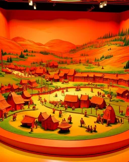 An orange colored valley with a village and an arena designed in Maori sculptures painted by Pieter Bruegel the Elder