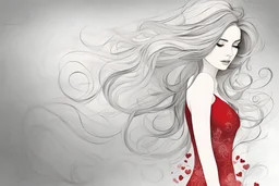 Beautiful lady with flowing hair, valentines in her hair, red dress, faded background, artful