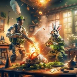 portrait of crazy cook and army officer shooting food with bazooka inside grove with huge fluffy levitating yoga hare with nightmare mutations getting blasted by explosions, 4 k, down-light, soft light, depth of field, photo realism, trending on art station, high detail, spray paint