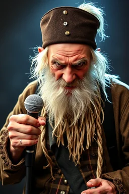 A old man in old boring costume, lookin very angry and bitter, he is holding a microphone and he was a member of an old punk music group before