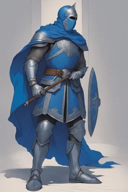 Knight wearing blue armor and blue cape with blue mask, holding a sword and shield