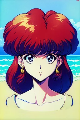 1girl, retro anime, 80's, redhead,portrait, synth-wave colors, beach