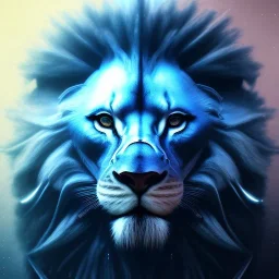 A beautiful portrait of a cyborg lion blue color scheme, high key lighting, volumetric light high details psychedelic background