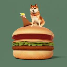 a fortune-telling shiba inu reading your fate in a giant hamburger, digital art