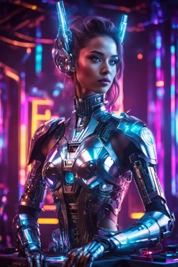 Photography detailed beautiful woman as DJ robot in disco club with cybernetic elements on metal armor futuristic, neon lights reflections,intricate design and details, dramatic lighting, Cinematic lighting, Volumetric lighting, Epic composition, Photorealism, Bokeh blurry