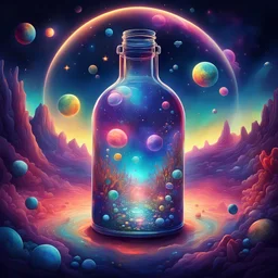 Dive into the depths of your imagination and bring to life a diverse and creative space illustration. Imagine an old glass bottle floating in the vastness of space, surrounded by a vibrant and detailed neon landscape. The background should be filled with stars and planets, adding a touch of wonder and mystery to the image. peaceful, symmetrical, hyper-detailed, sharp, high resolution, high quality, 32K, Ultra realisti, HD, super detailed, line art, abstract style