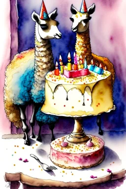 Two lamas are having a birthday cake. Watercolour