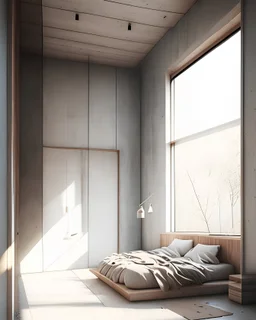 Habitacion estilo minimalista, amplia con bastante entrada de luz natural, uso de materiales de concreto y madera.