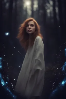 girl in the forest, sparks around her, galaxy background,