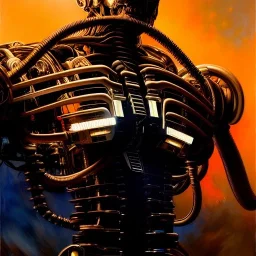 Drawing of 'Terminator T-800 Endoskeleton' painting by gaston bussiere, greg rutkowski, yoji shinkawa, yoshitaka amano, tsutomu nihei, donato giancola, tim hildebrandt,KyuYong Eom,Ren Wei Pan Oil on canvas, cinematic composition, extreme detail,fit full head inside picture,16k