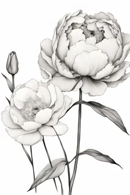 A ink drawing modern realism in fine line of a minimalist peony flower and one tulip flower black ink on white background