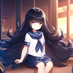 Clear focus, High resolution, cute, cartoon, black long fluffy hair, chopped bangs, wearing a sailor uniform, sitting down, purple eyes