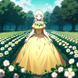 beautiful anime girl holding on to a flower and blowing the dried seeds into the air as the wind carries them away. outdoors scene.anime girl standing in a meadow of flowers. thw wind is blowing flower pedals into the wind. girl wearing yellow dress. more emphasis on seeds floating in the air. lots of seeds floating the air. lots of flower pedals floating the air behind the girl. rose pedals all over the ground.emphasis detail on the girls eyes, mouth and nose.