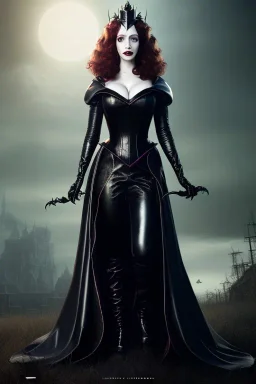 christina hendricks as evil queen in black leather gown , angry, stern look, volumetric lighting, particales,highly detailed,cinematic, deep colours,8